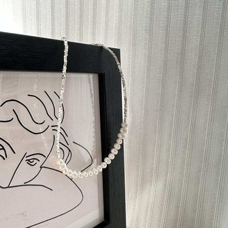 S925 Sterling Silver Fashion Pearl Broken Silver Necklace Korean Style Simple Fashion Collarbone Chain