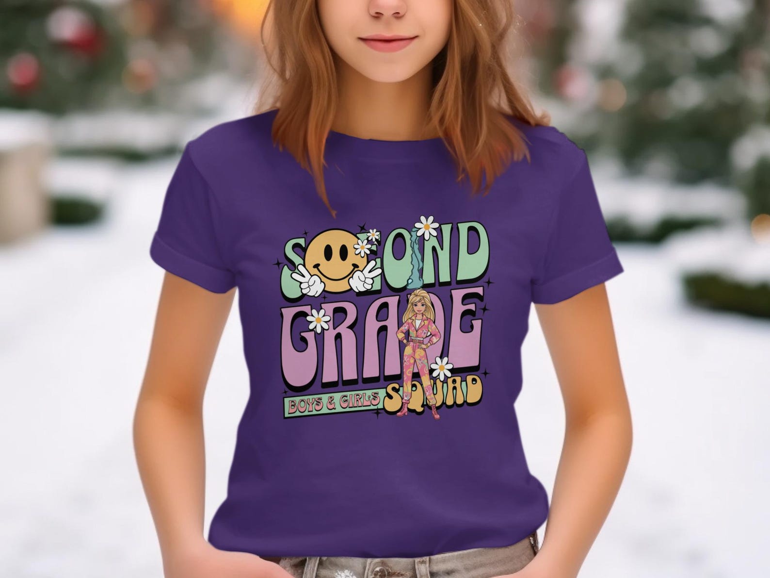 Second Grade Squad T-Shirt, Groovy Retro Smiley Daisy, Barbie Inspired Kids Tee 2XL