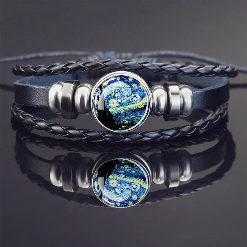 

Художественный браслет Ван Гог Картина маслом Кожаный браслет Черная звезда Луна Ночь Подсолнух Ирис Сад Цветочные украшения The Starry Night