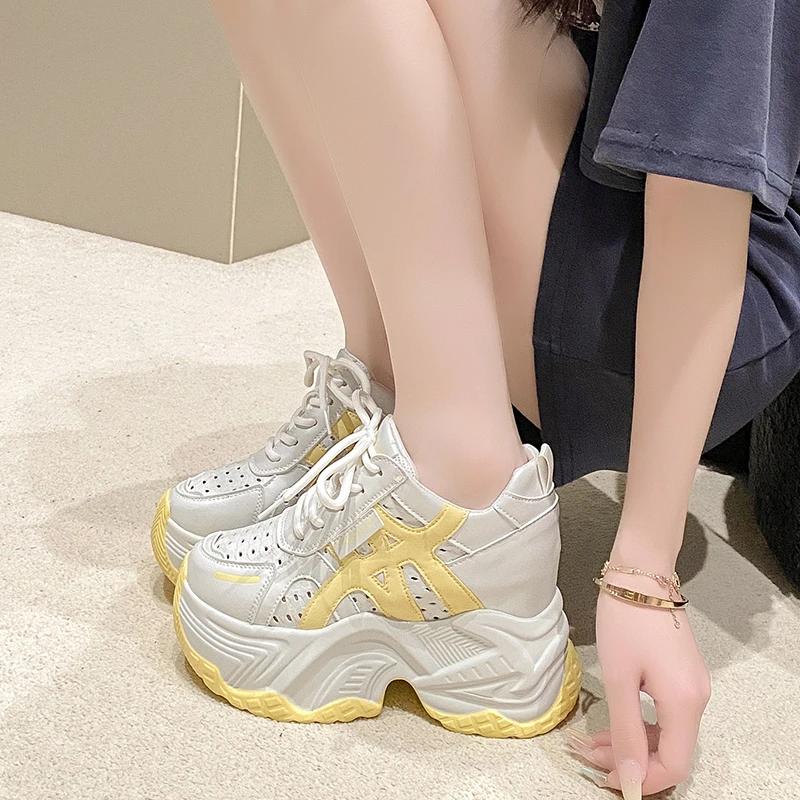 Fashion 10CM New Chunky Leather Sneakers Summer Casual Vulcanized Shoes Woman High Platform Breathable Air Mesh Sneakers Sport Dad Shoes