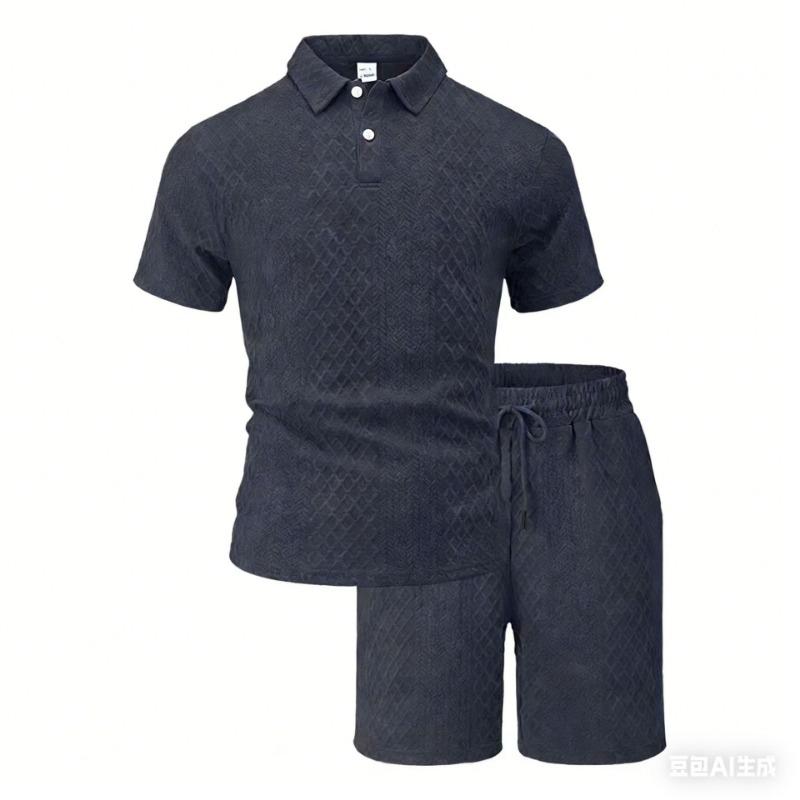 Mens Light Blue Textured Polo Shirt and Casual Shorts Set