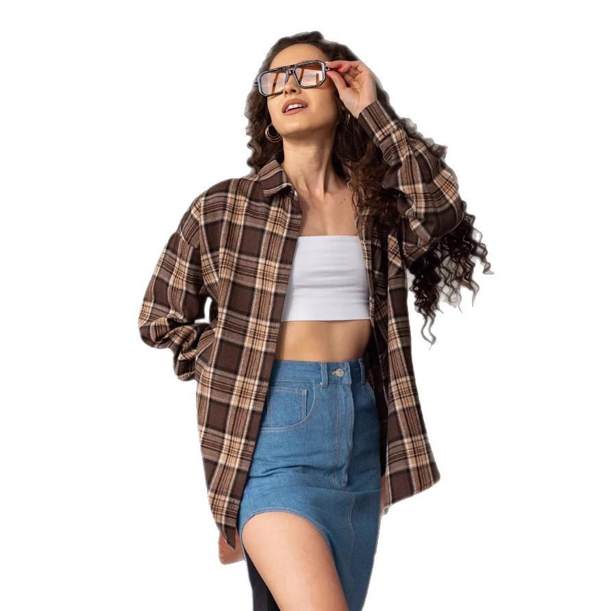 

OZON Женская рубашка с длинным рукавом в клетку и полоску в стиле ретро с карманом на весну и осень 2025 года XXL