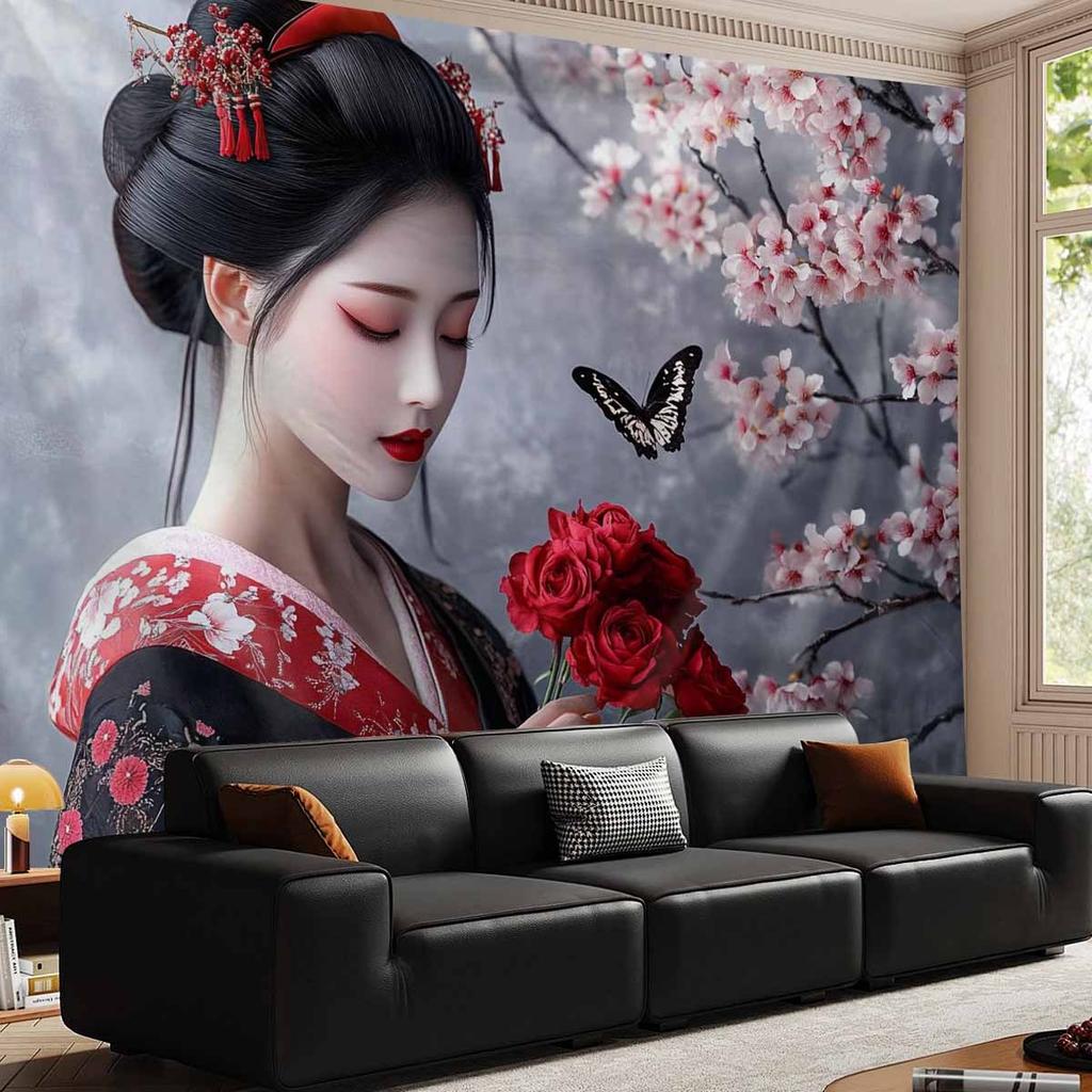 Geisha Woman Cherry Blossom Tapestry Japanese Kimono Art Butterfly Wall Hanging Eastern Decor Living Room Fabric Print