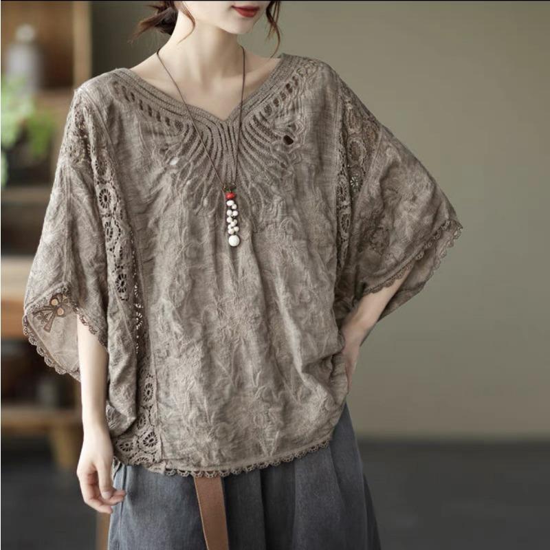 Damen Neu Stickerei Oberbekleidung Schal Sonnenschutz Bluse Damen Ausgeschnitten Spitze Oberteil Locker Lässig Einfaches Hemd Süß V-Ausschnitt Elegante Kleidung