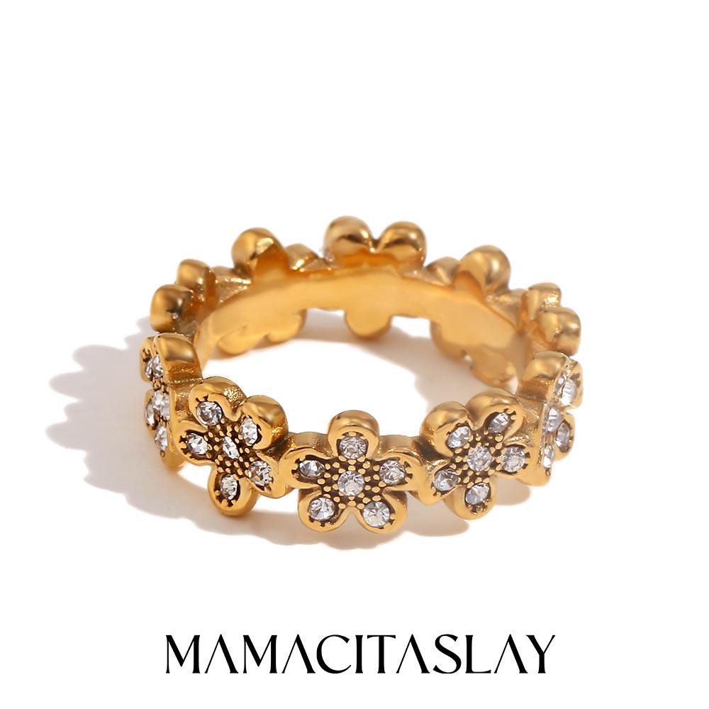 MamitaSlay Elegant sparkling daisy flowers 7mm wide Rings gold plated Stainless steel jewelry woman waterproof finger Decoration