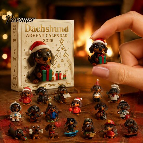 Home Holiday Atmosphere Decor 2026 Dachshund Advent Calendar, 24 Days 3D Collectible Dog Figures, Miniature Set Puppy Ornaments Christmas Countdown