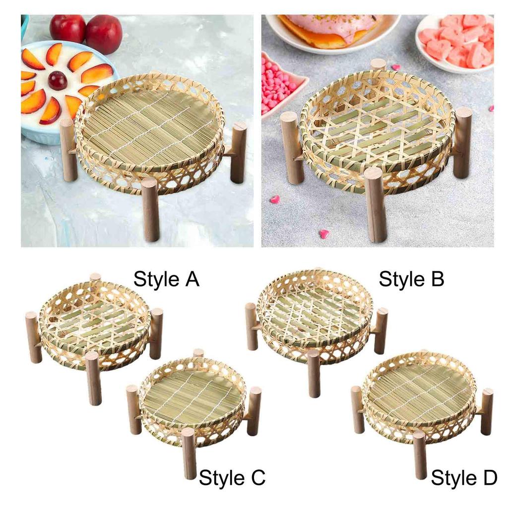 Serving Tray Dessert Plate Rustic Round Woven Storage Basket Fruit Rack for Coffee Table Dining Room Kitchen Picnics Living Room