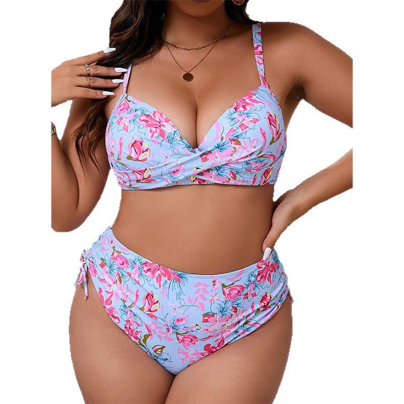 2025 Floral Print Plus Size Hard Cup Drawstring Bikini for Women