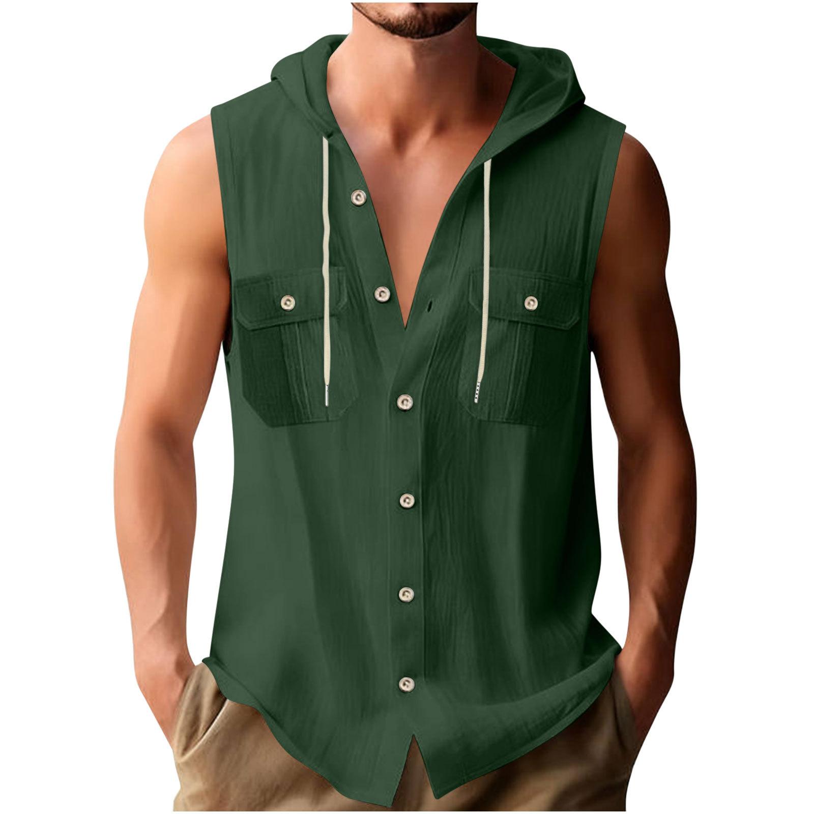 Men Sleeveless Hooded Shirt Button Down Linen Cotton Blend Casual Loose Fit Beachwear Summer Top M