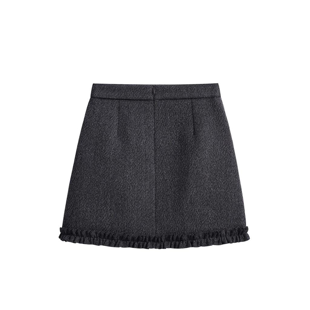 Women's Plus Size Grey Wool Ruffle Trim Half Skirt, Thick A-line Mini Skirt Pants for Spring/Autumn