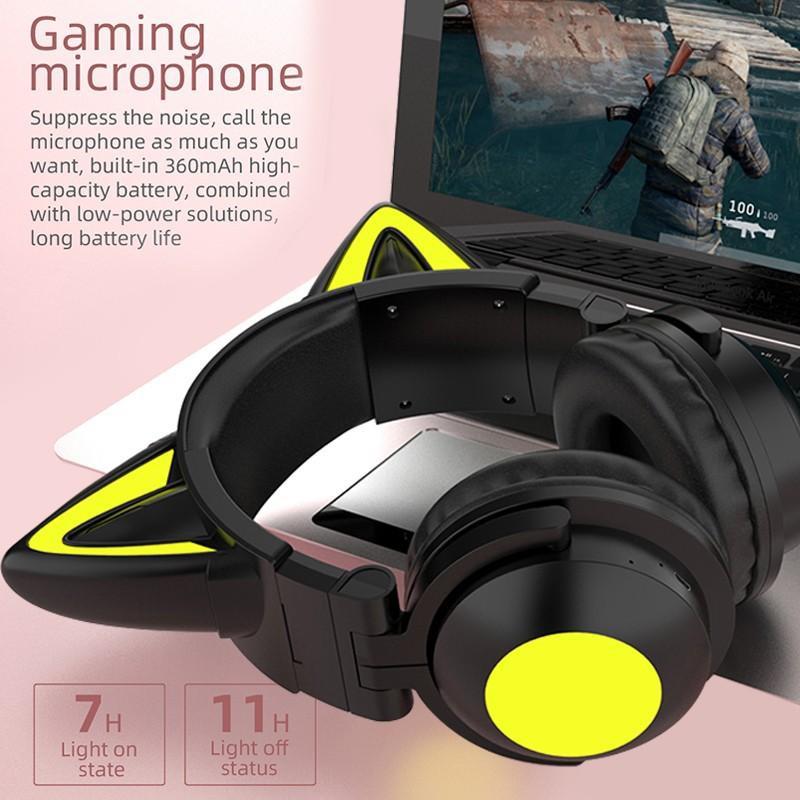 Căști de gaming cu LED, cu ureche de pisică, pliabilă, montată pe cap, Căști Bluetooth 5.0, căști fără fir adevărate cu microfon