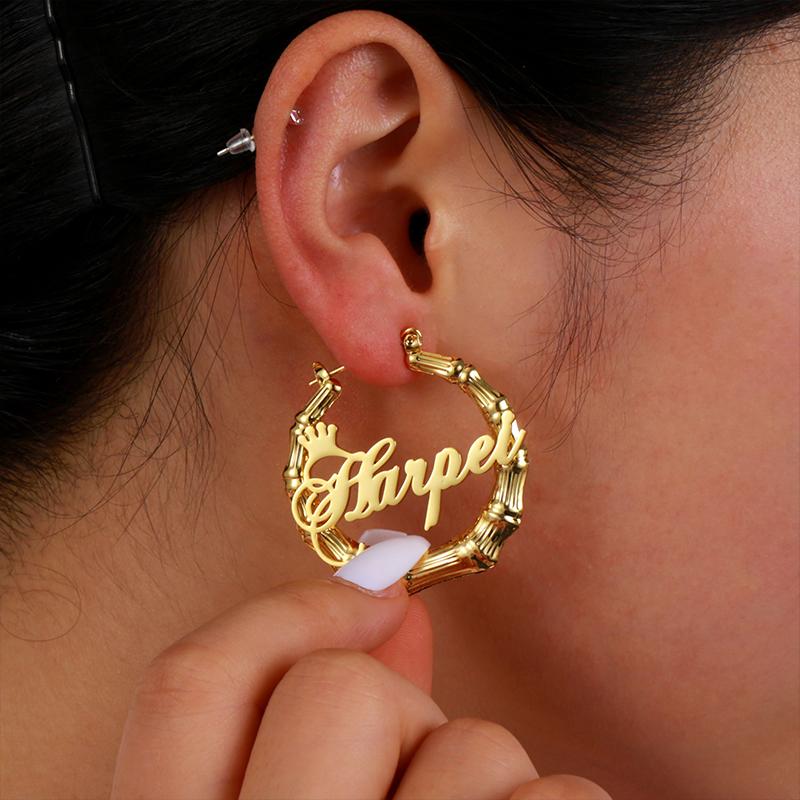 Fashion Earring Jeweley Stainless Steel 18K Gold Plated Bamboo Custom Letter Name Big Large Hoop Earrings for Women