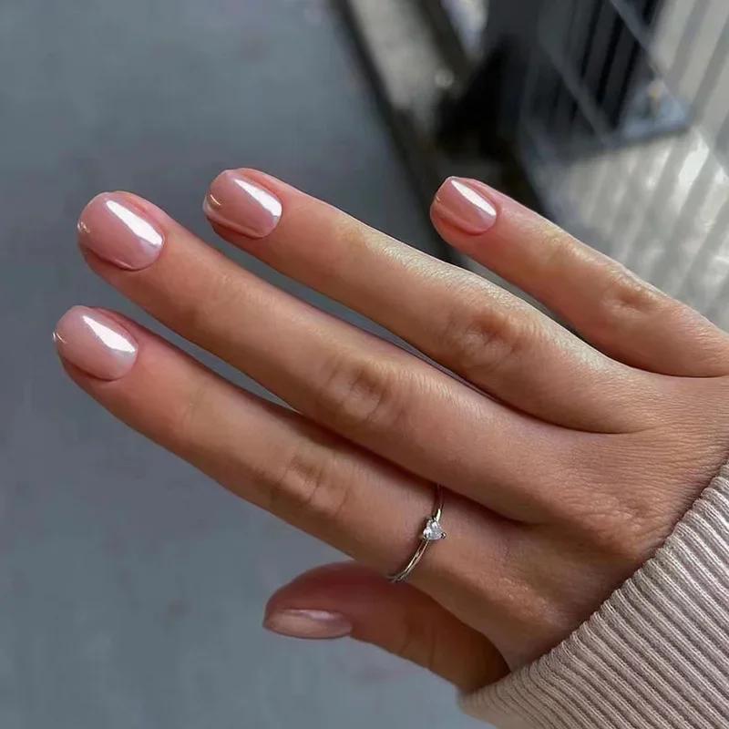 24Pcs Simple False Nails with Glue Short Almond Fake Nails Glitter Aurora Round Head Full Cover Nail Tips Oval Press on Nails
