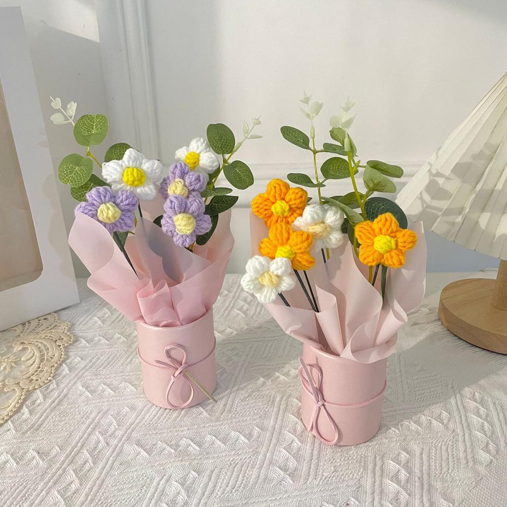 Forever Knitted Flower Bouquet Handmade Puff Crochet Roses Eternal Flower Gift for Mothers Day Teachers Day Home Decor Ornament