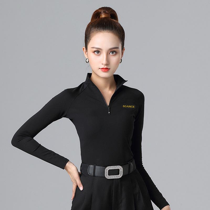 Women's Long Sleeve Zipper High Collar Latin Dance Tops for Autumn and Winter Training