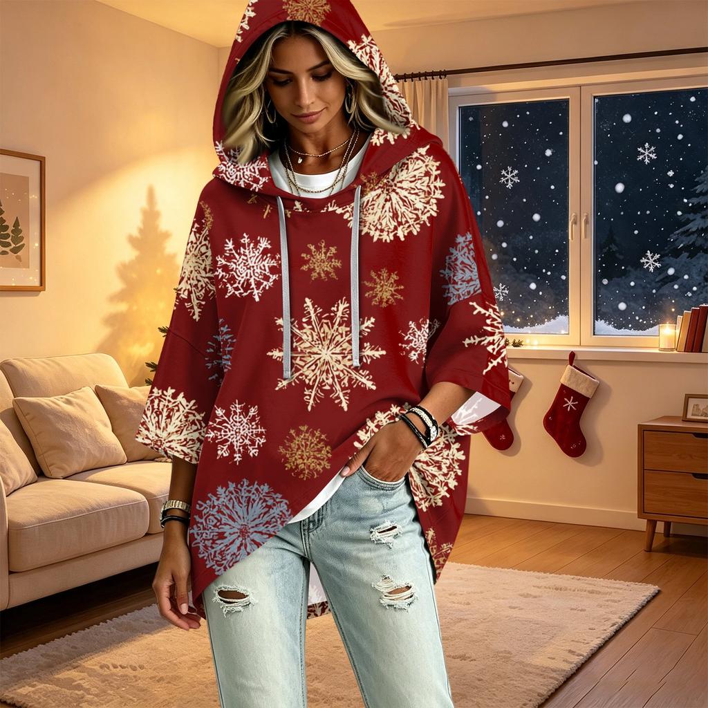 Women's 3/4 Sleeve Christmas Print Hooded Pullover Top Casual Holiday Outfit