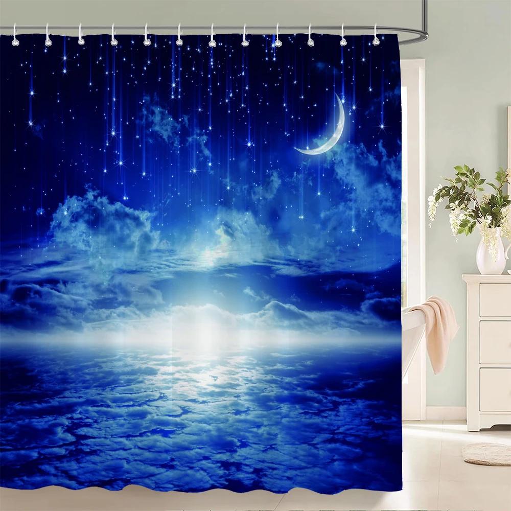 3D Night Starry Sky Moon Earth Shower Curtain Decor Curtain Space Universe Waterproof Belt Hooks Shower Curtains Douchegordijn