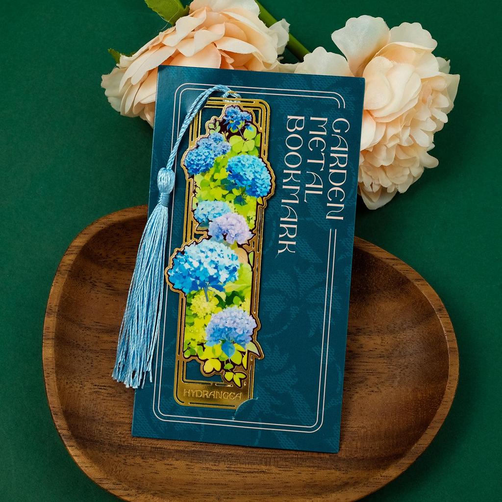 Elegant Floral Metal Bookmark with Tassel - Rose, Sunflower & Hydrangea Design