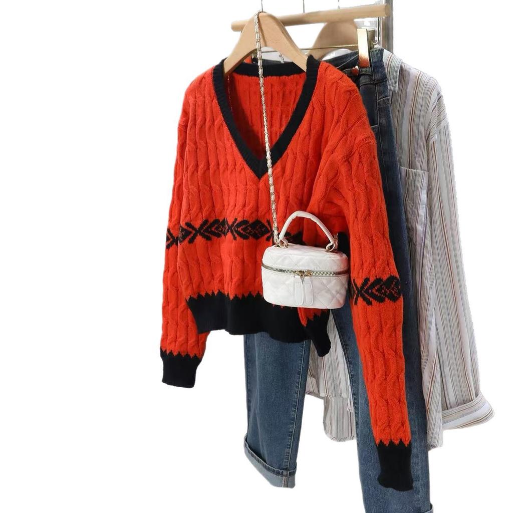 Autumn and Winter Knitted Sweater Loose V-neck Retro Contrasting Striped Sweater