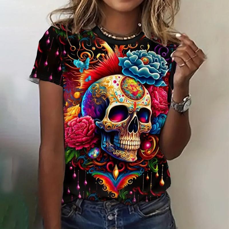 Skeleton Flower Pattern T-Shirt Women 3D Printed Short Sleeves Summer Loose O-Neck Casual Comfortable Fashionable T-shirt
