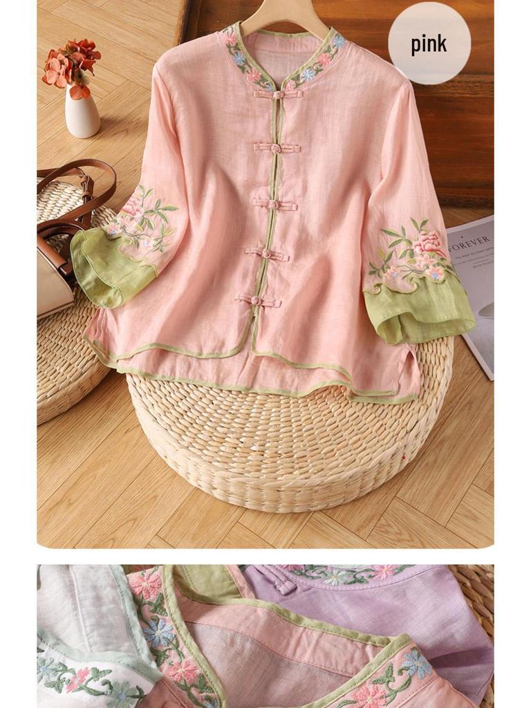 Women's Chinese Floral Embroidered Blouse: Loose Fit, Three-Quarter Sleeve, Contrast Color, Lapel-Style Tea Dress
