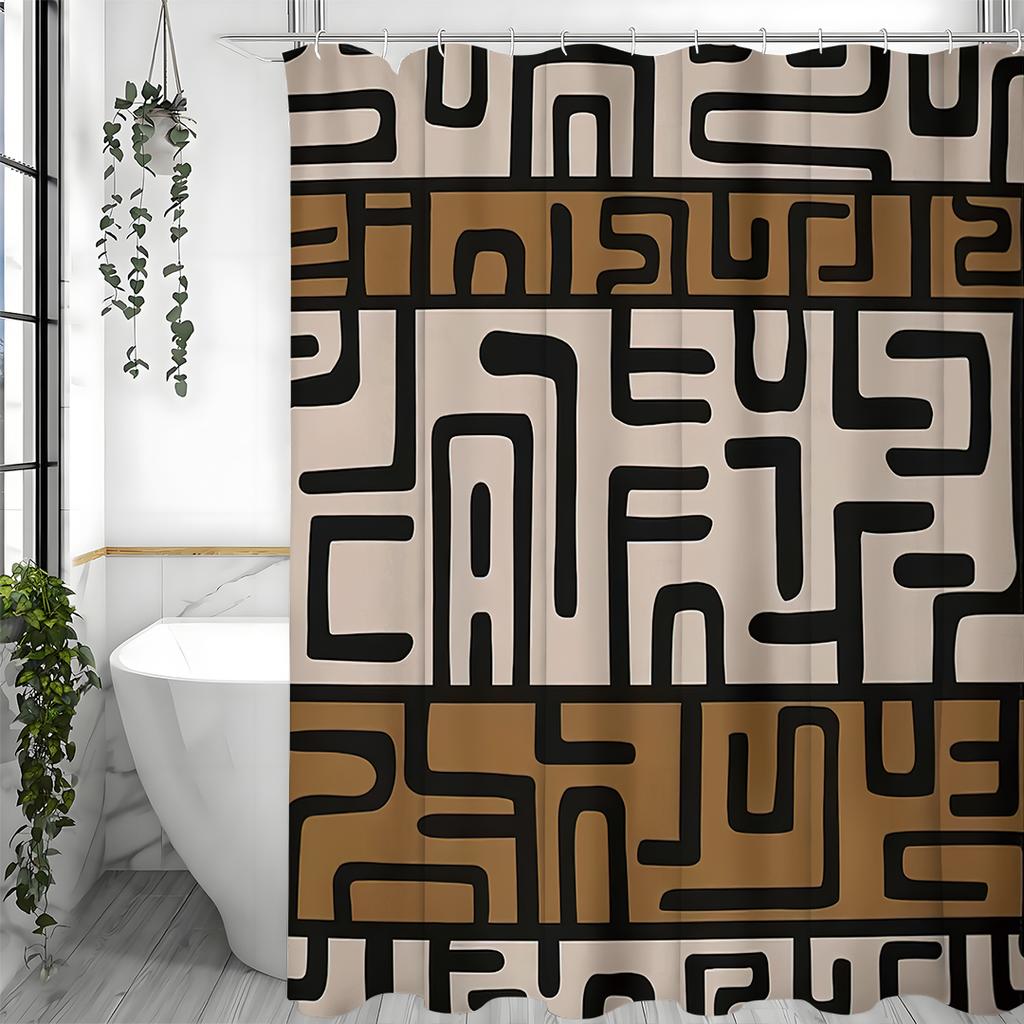 African Geometric Abstract Lines Vintage Kuba Ethnic Tribal Brown Shower Curtain, Bathroom Decorative Shower Curtain, Waterproof