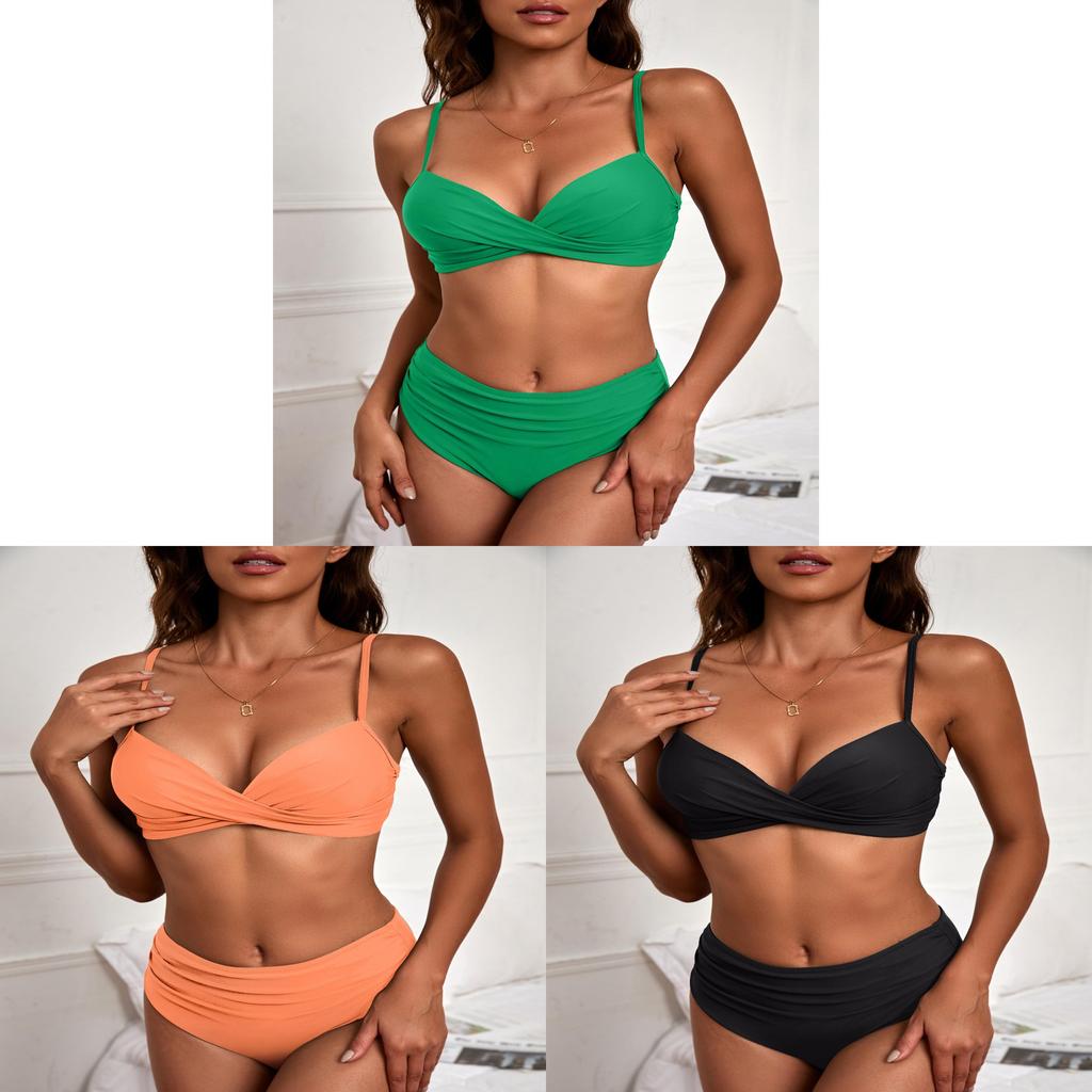 Women Solid Color Bikini Swimsuit With Triangle Top And Steel Support For Summer Beachwear