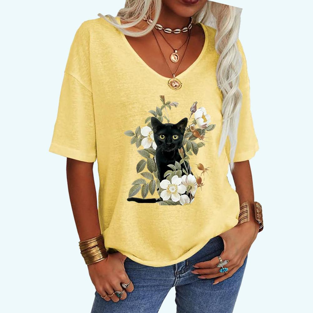 Women Fashion Cat Print Tee Shirt Casual V Neck Top Loose Short Sleeve T-shirt