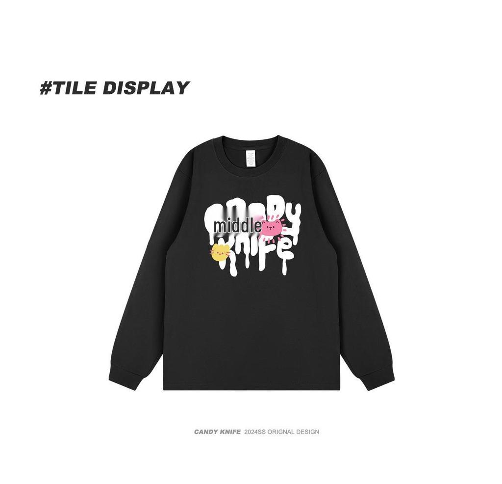 Korean Trendy Graffiti Letter Print Unisex Loose Long Sleeve T-Shirt for Autumn/Winter