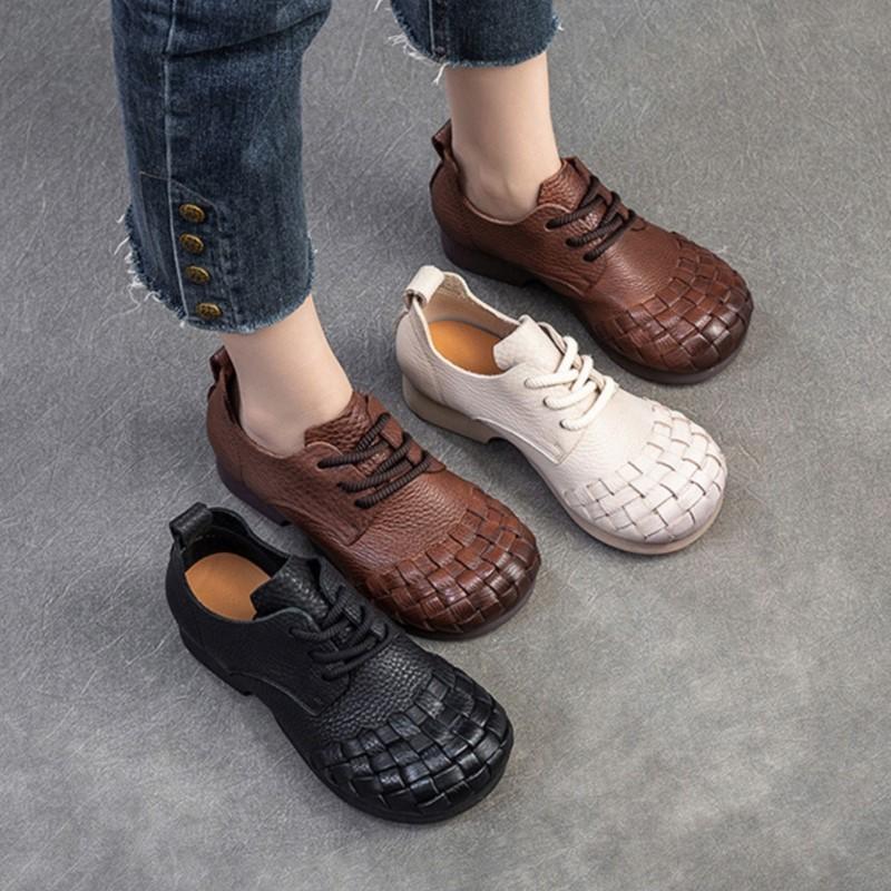 Johnature Genuine Leather Comfortable Pumps Retro Solid Color Commuting Versatile Casual Women's Shoes