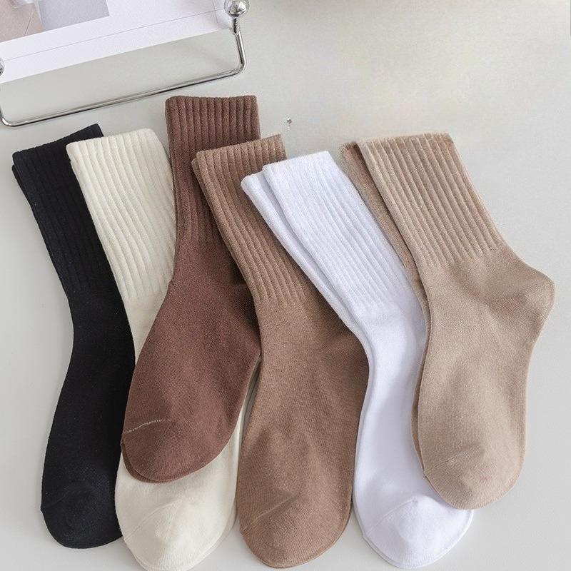 Autumn and Winter Socks Vertical Stripes Solid Color Mid Tube Socks Versatile Boneless Pile Socks Student Sports Long Socks