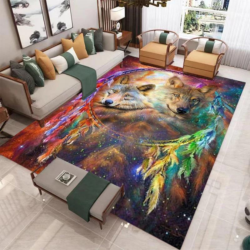 Wolf Carpet Wild Animal Doormat Bohemia Style Dreamcatcher Area Rug for Living Room Bathroom Decor Woodland Wildlife Floor Mat