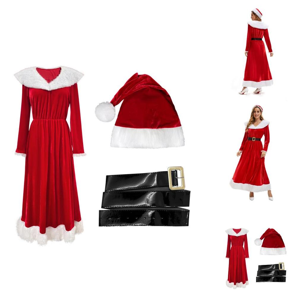 Christmas Party Vintage Velvet Long Dress Set With Hat And Belt For Women