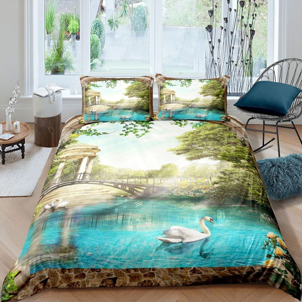 Swan Bedding Collection Romantic Flowers Duvet Cover King Birds Wildlife Quilt Cover For Couple Lady Man Wedding Festival Party Decor