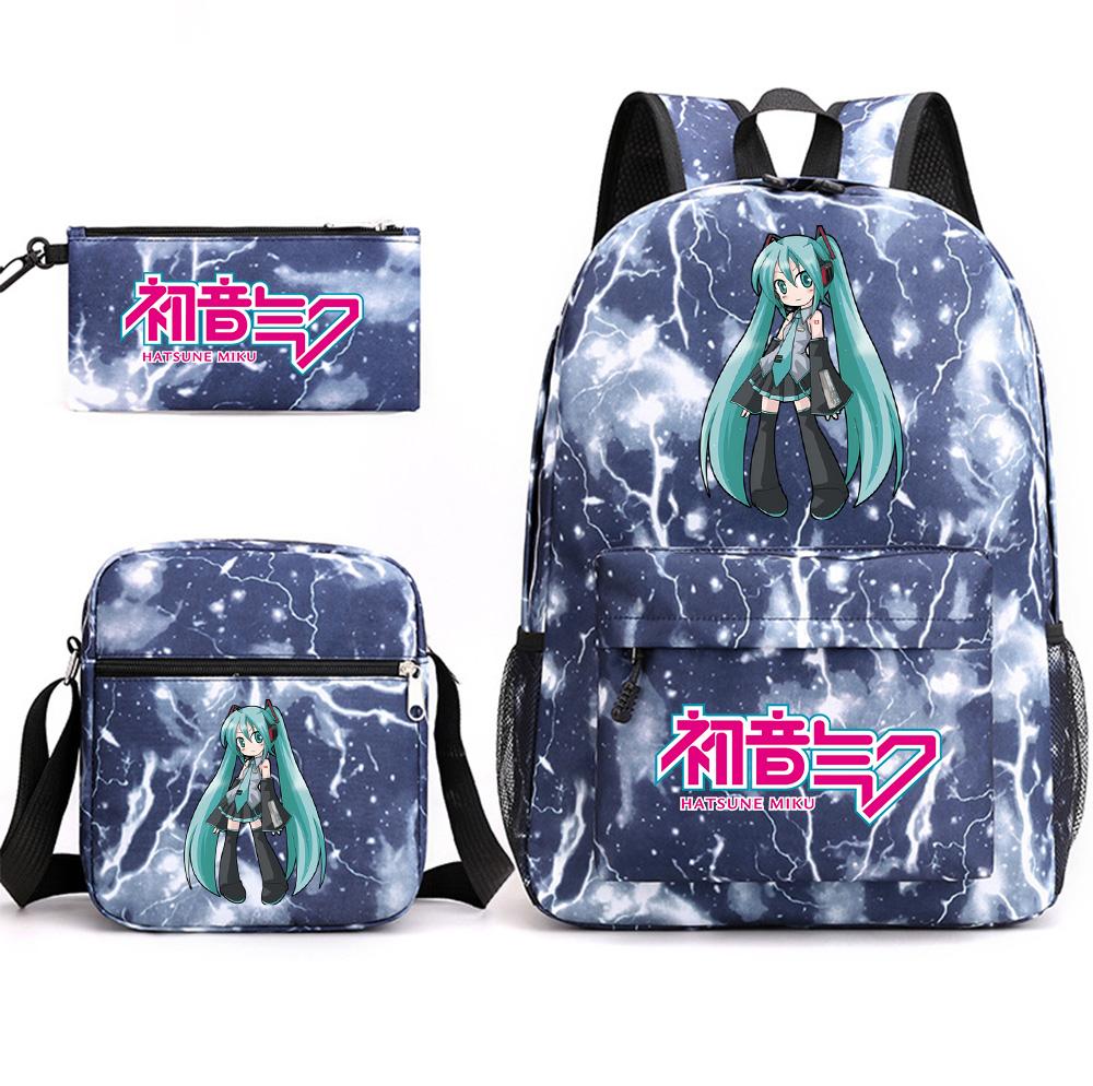 3Pcs/set Anime Cartoon Hatsune Miku Printed Backpack with Shoulder Bag Pencil Case for Teenager Student Boy Girl Large Capacity Waterproof School Bag