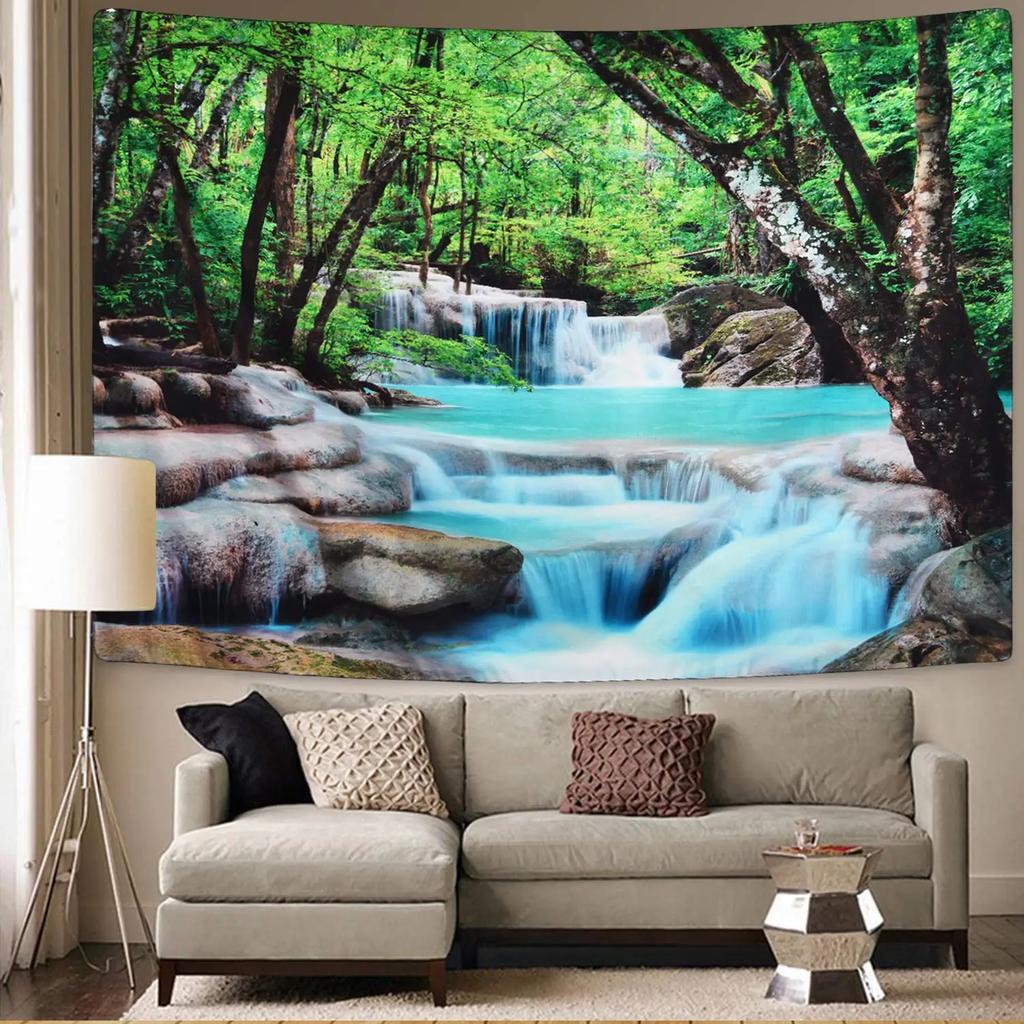 Enchanted Forest Tapestry Serene Waterfall Wooden Path Unique Wall Art for Home Decor Bedroom Nature Lover Gift