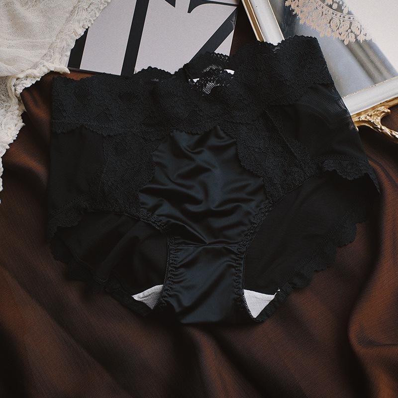

Ladies Summer Sexy Lace Satin Cool Feel Ice Silk Breathable Mesh Gauze Medium High Waist Briefs M чёрный