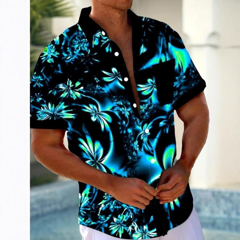 Men's Summer Casual Button Down Shirt Abstract Floral Print Short Sleeve Hawaiian Shirt