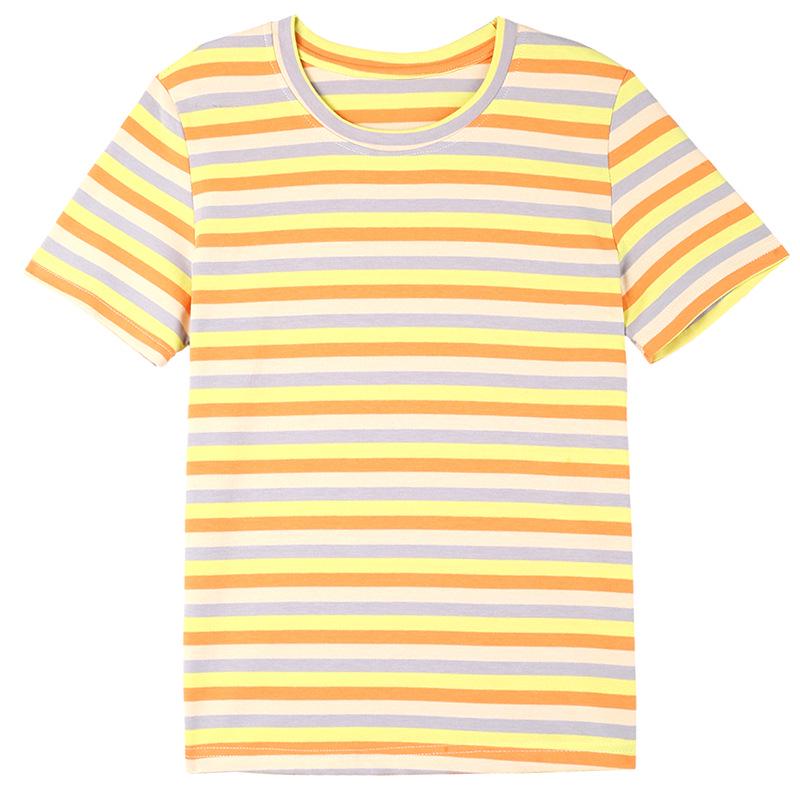 Women's Summer Round Neck Striped Cotton T-Shirt: Colorful, Casual, Loose, Age-Reducing, Slimming Design.