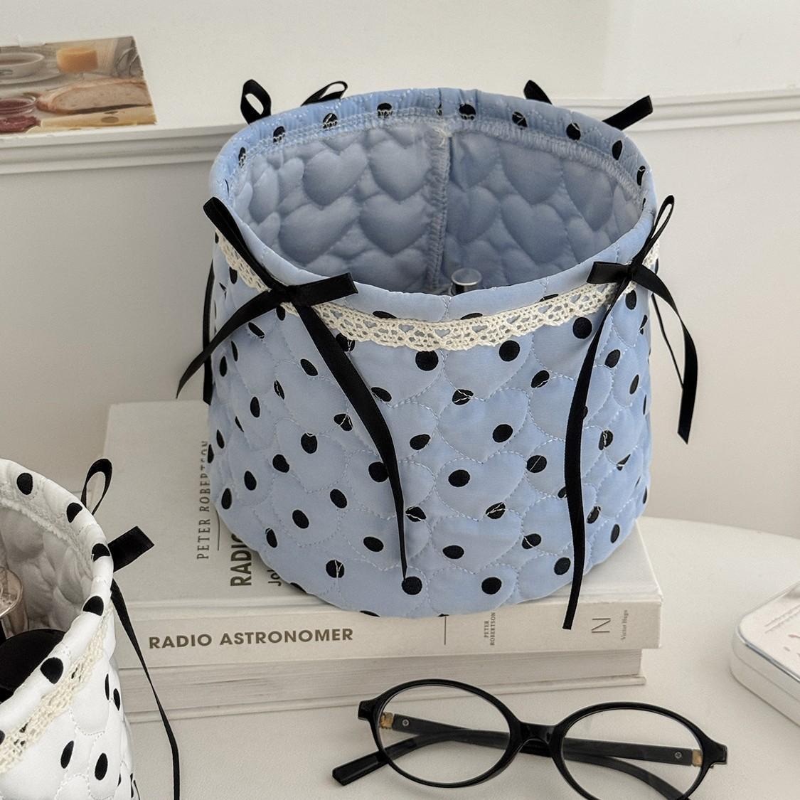YT New Bowknot Polka Dot Desktop Organizer Storage Box, Miscellaneous Item Storage Basket, Large Polka Dot Quilted Cylinder синий