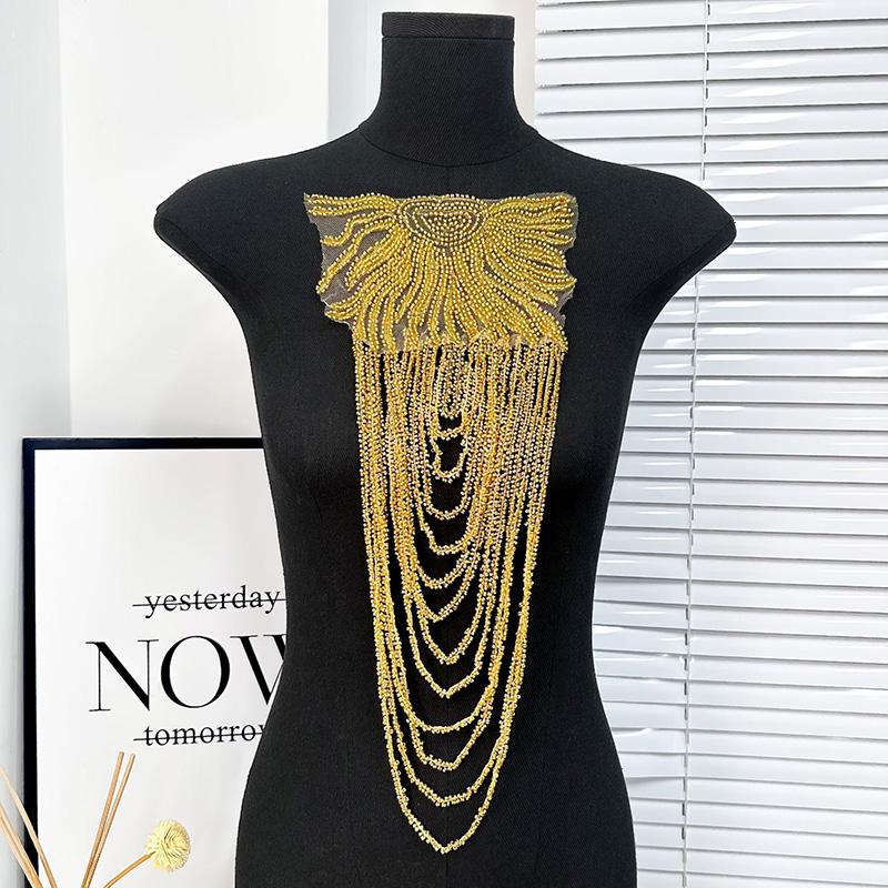 1Pc Tassel Chain Sequin Shoulder Ornaments Wedding Dress Performance Clothing Fashion Shoulder Boards Gold Embroidery Patch