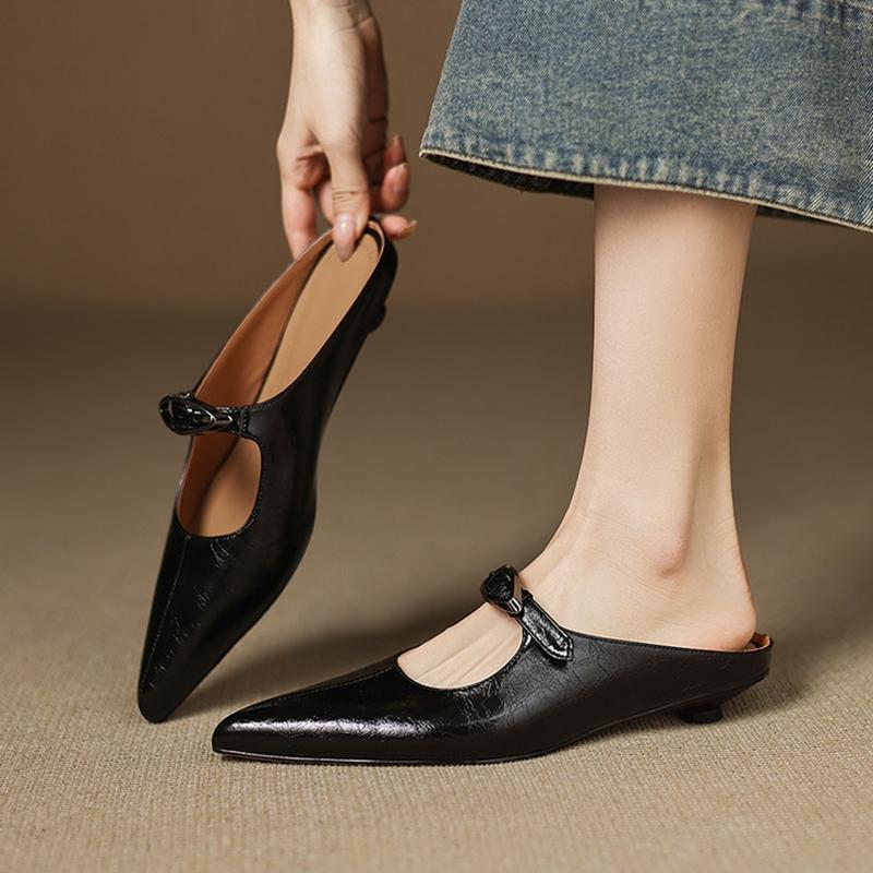 Fashion NEW Summer Women Mules Split Leather Shoes for Women Pointed Toe Low Heel Shoe Cover Toe Slingback Sandals Metal Buckle Slippers