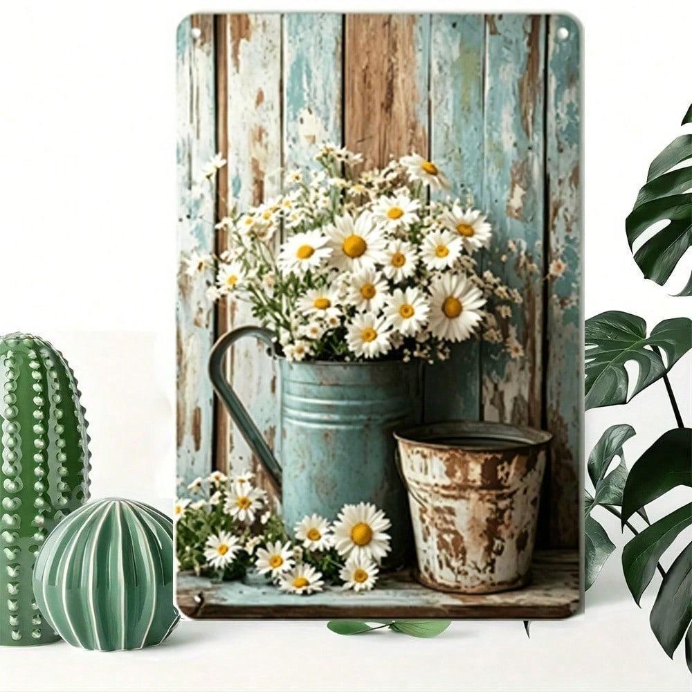 Vintage Daisy Bouquet Metal Tin Sign, Rustic Farmhouse Wall Decor for Home & Kitchen