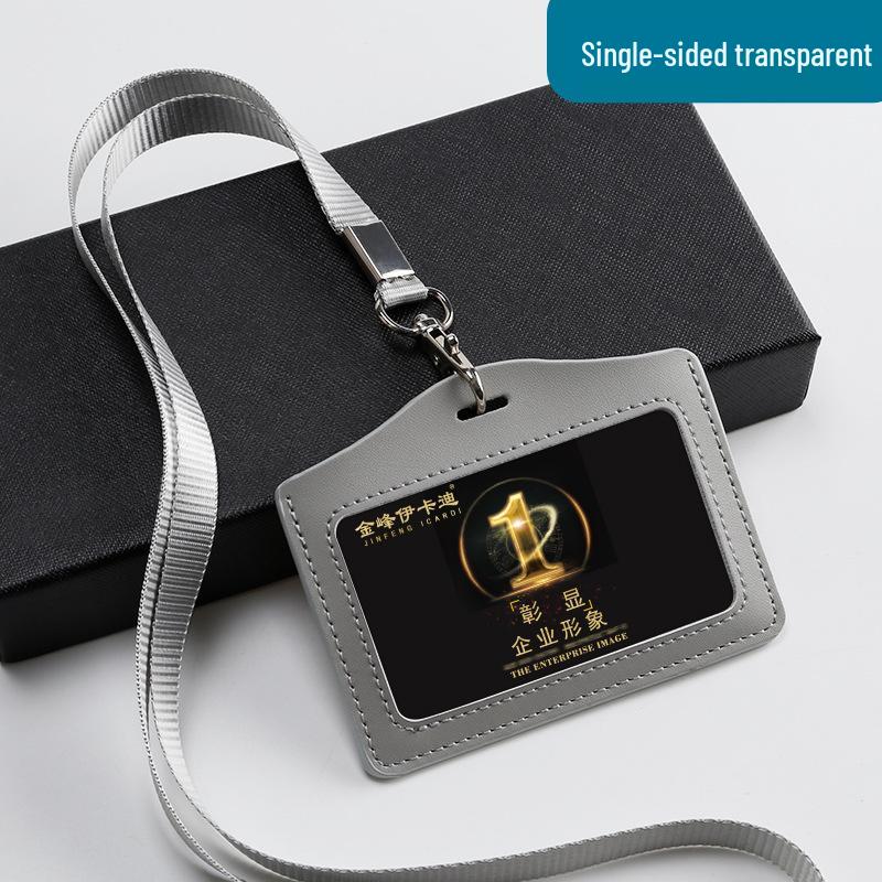 Genuine Leather Double-Sided ID Card Holder with Transparent Windows and Lanyard