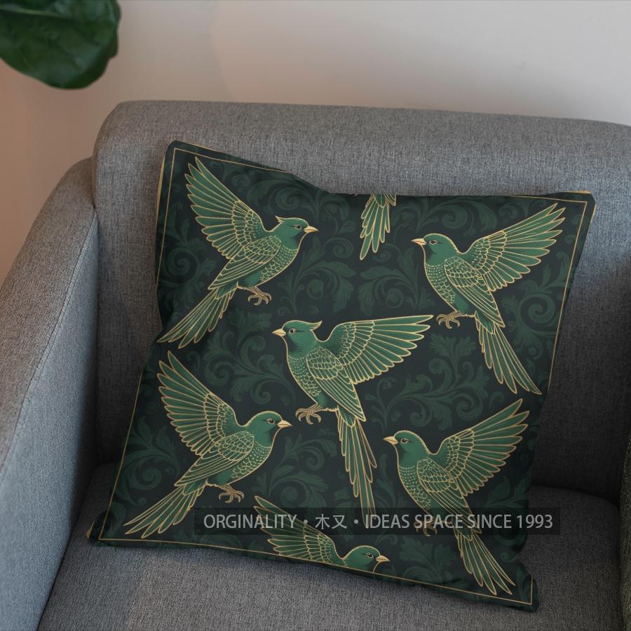 2D Green Birds Floral Pattern Decorative Pillow Pattern Cushion Cover Suitable For Sofa Bedroom Car Pillow Cover