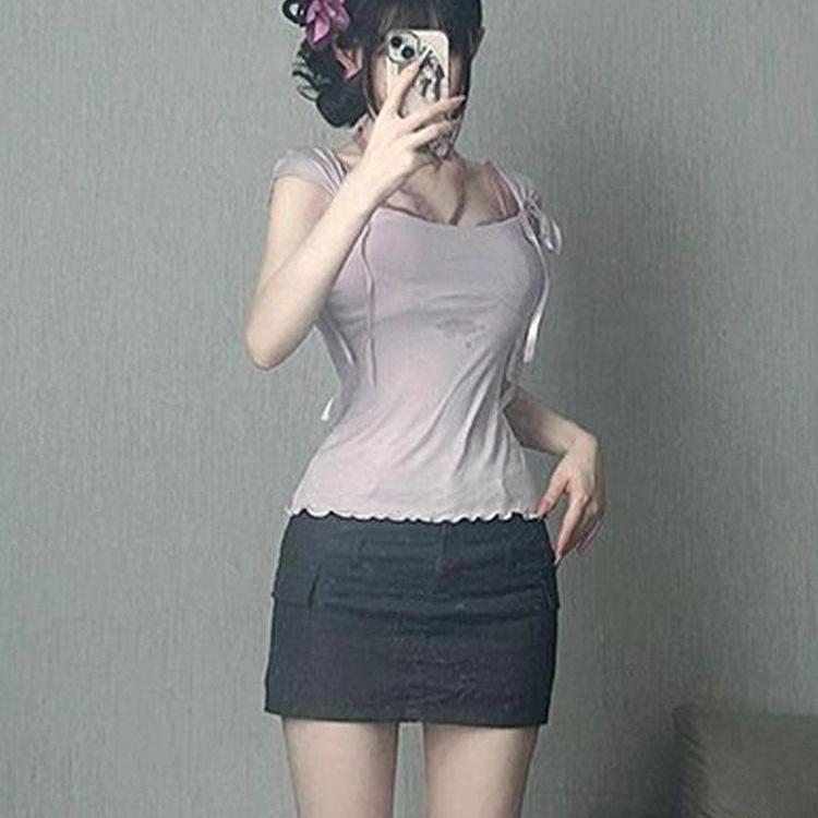 Spice girl niche fashion bow design short-sleeved T-shirt slim and thin sexy pure desire temperament top ins women