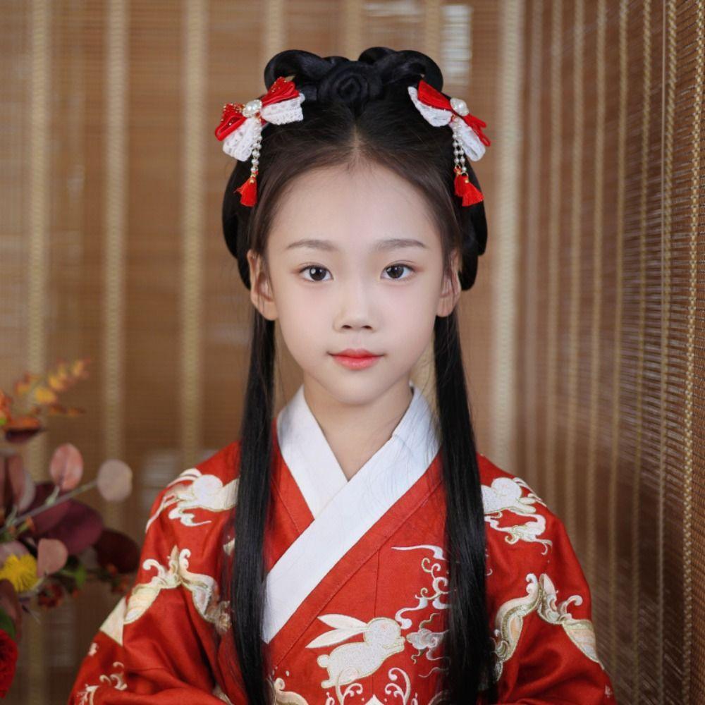 Plush Children Red Bow Hairpin Tassel Hanfu Hair Sticks Lovely Ancient Style Hairpin  Children