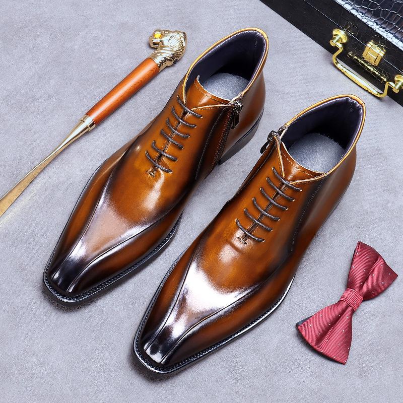 

Ботинки Martin из натуральной кожи British Zipper Boots - модные формальные короткие сапоги с острым носком и высоким берцем 43 коричневый