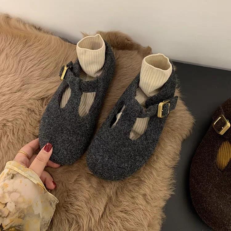 2025 Autumn and Winter High-end Gray Woolen Mary Jane Fluffy Shoes Women's Shoes Round Head Single Shoes Velvet Cotton Shoes