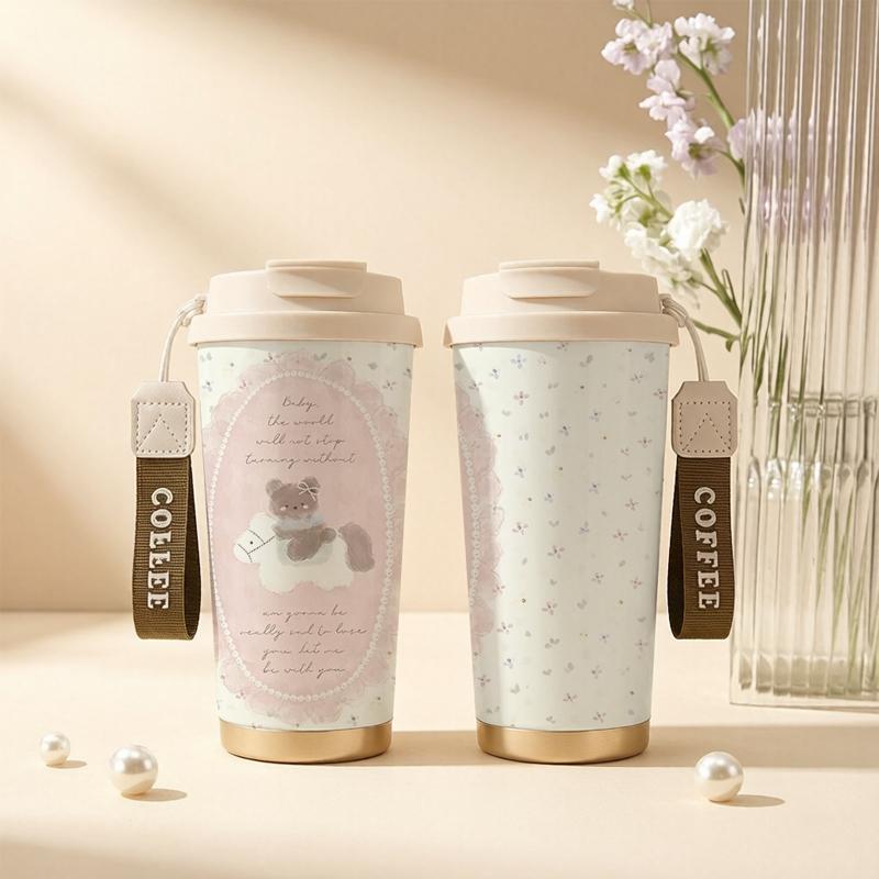 Coffee Mug 532ml Floral Oval Carousel Bear Elements Lanyard Insulated Cup Car Cup Heat Proof Travel Cup Large Capacity Cup Hot Cold Cup